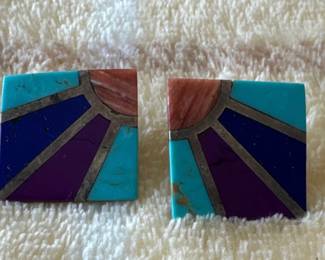 Vintage Native American sterling silver earrings of a geometric sunset with inlay turquoise, purple and other stones