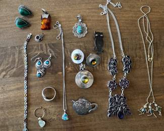 Sterling silver jewelry with turquoise, amber etc.