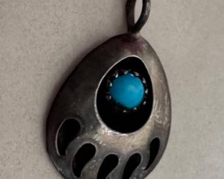 Vintage Navajo-style bear paw pendant with turquoise