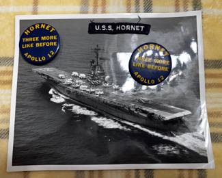 Photograph of Navy USS Hornet aircraft carrier, Hornet Apollo 12 pinback buttons, USS Hornet rocker patch