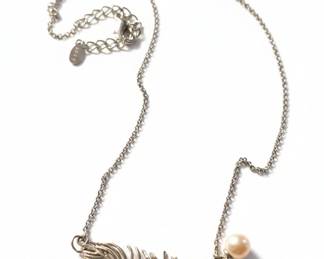 SilverTone Feather and Pearl Pendant Necklace