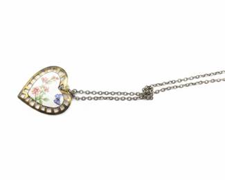 Vintage Guilloche Enamel Heart Necklace with Floral and Butterfly Motif