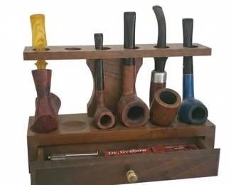 Wooden Pipe Stand with Drawer and Assorted Pipes, including Dr. Grabow Filters
