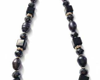 Black Glass Bead Necklace with Mixed Shapes and SilverToned Clasp