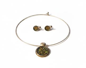 Abalone Shards and Resin Pendant Necklace and Clip Earrings Set