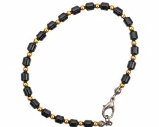 Hematite and Gold Tone Beaded Bracelet with Lobster Clasp