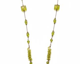 Green Glass Bead Lariat Necklace with Faceted Square and Teardrop Pendants
