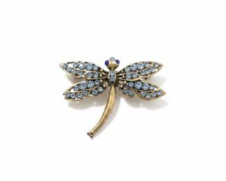 Art Nouveau Dragonfly Brooch with Blue Crystals and Marcasite Accents