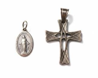 Sterling Silver Miraculous Medal and Ornate Cross Pendant Set