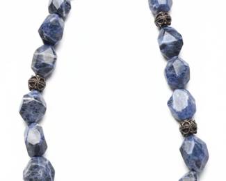 Sodalite Gemstone Necklace with Ornate Sterling Silver Beads