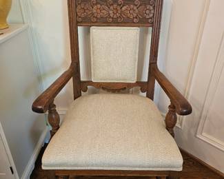 Pair of Ornate Antique Arm Chairs Different Fabrics
