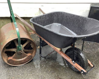 Lot 945: Antique Durham Lawn Roller & Trupper Wheel Barrow