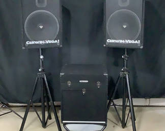 Lot 920: Cerwin-Vega Speakers w/ Numark CDN-34 DJ Rack System