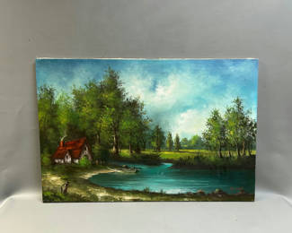 Lot 17: Old Cottage Landscape River Oil on Canvas 