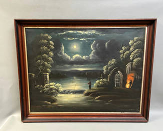 Lot 20: Primitive Moonlight Landscape Oil on Canvas 