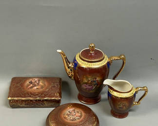Lot 41: German Dresser Boxes, Teapot and Creamer 