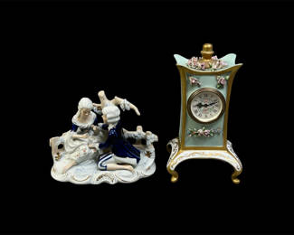 Lot 39: Boudoir Clock and Porcelain Figures 