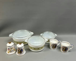 Lot 47: Pyrex Bowls, Ansley Mugs and Bells