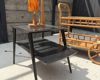 vintage table, lamp, bar cart