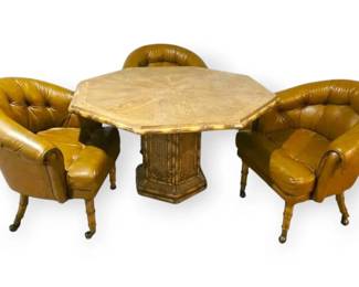Vintage Faux Bamboo Octagonal Table  3 Faux Leather Rolling Chairs