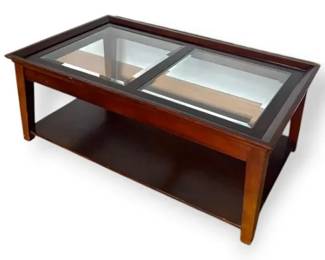 Wooden Coffee Table With Wheels With Two Beveled Glass Inlays