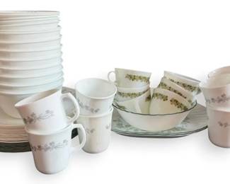 Various Plates, Bowls, and Teacups  Including Pyrex and Corelle 48ct