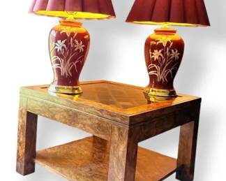 Brick Pattern Style Wood End Table With Glass Top  2 Lamps
