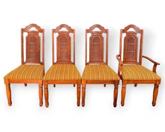 Four Solid Wood Cane Back Chairs with Striped Upholstered Seats