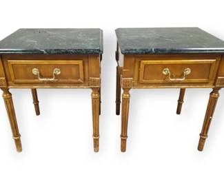 Pair Of Century Wood  Green Marble Topped Night Stands