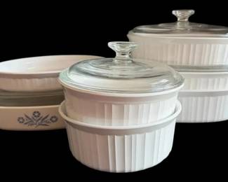 Seven Corning Ware Casserole Dishes With Four Glass Lids