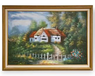 Floral Country Cottage Painting, Signed S. Walker