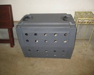 Dog carrier in garage