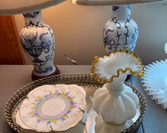 Pair of small blue and white lamps