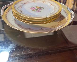 Noritake Morimura 'M' Hand-Painted Porcelain Cake Set with Yellow Border and Floral Bouquet