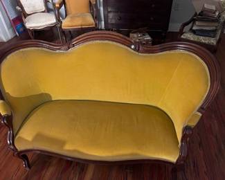 Victorian-Style Walnut Parlor Settee (Yellow Velvet Upholstery)