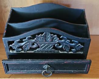 Carved Black Wood Desk Organizer