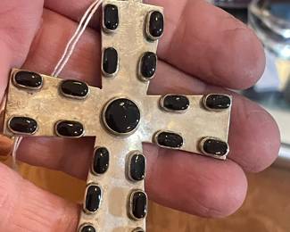 HUGE STERLING W/ ONYX CROSS  HEAVY TOO 