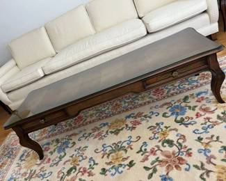 15 Ethan Allen 2Drawer Glass Top Mahogany Coffee Table