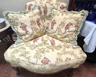 BUY IT NOW! $150.00. Upholstered Chair with two decorator pillows. 35" W x 40" D x 35" H. Call Jan at 314 960-5700.
