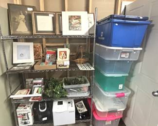 Picture frames, storage tubs, and small kitchen appliances.