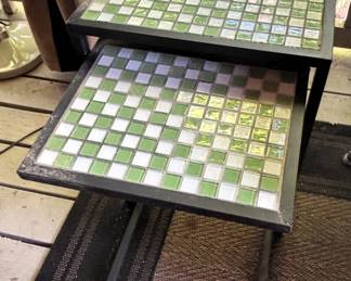 Nesting tile top tables. 18" W x 13 1/2" D x 24 3/4" H.
