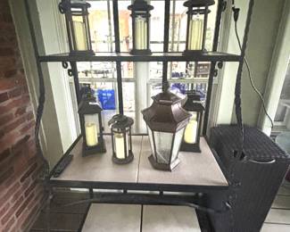 BUY IT NOW! $250.00. Metal Shelf w/four tiled shelves. 38" W x 23" D x 78" H.  Variety of lamterns. Call Jan at 314 960-5700.