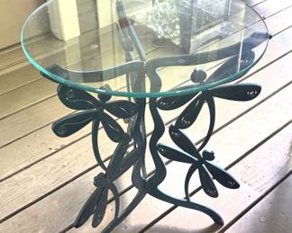 Glass top, dragon fly base, end table. 19" Dia. x 24 3/4" H.