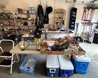 Coolers, step stool, golf items, variety of hardware.