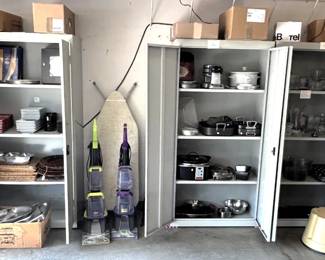 Metal cabinets, kitchen items.
