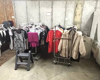 Large selection of women's clothing and sturdy clothes racks.  XL sizes of both ladies' and mens' clothing.
