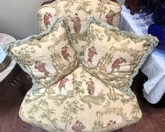 BUY IT NOW! $150.00. Upholstered Chair with two decorator pillows. 35" W x 40" D x 35" H. Call Jan at 314 960-5700.