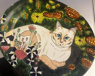 Hand-Painted Large Oval Ceramic Cat Serving Platter / Decorative Wall Plate