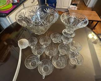 A beautiful, sparkling vintage clear glass punch bowl entertainment set made by Anchor Hocking in the 1960s