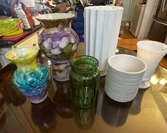 1 unmarked Moreno vase, 1 Large Marbled Art Glass Vase,Tall White Fluted Column Vase, Mid-Century White Ribbed Pedestal Vase, Forest Green Glass Jar/Vase